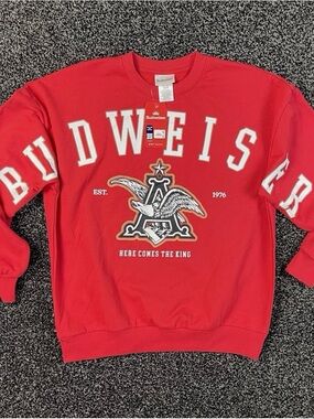 Budweiser Red Crewneck with White Lettering and Gold Accent Crest